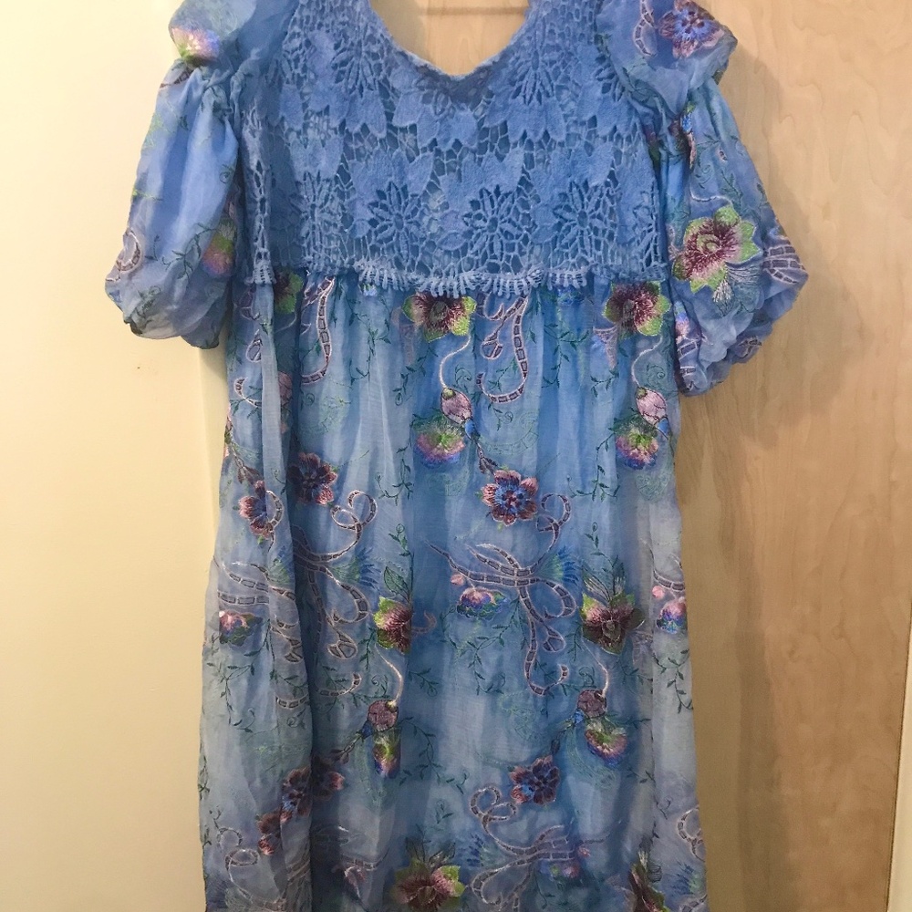 Empire waist floral embroidery blue dress XL
